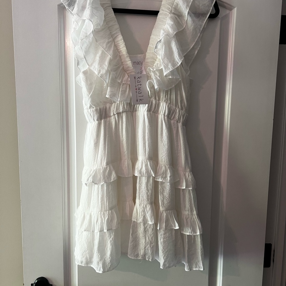 White Ruffle Tiered V-Neck Dress